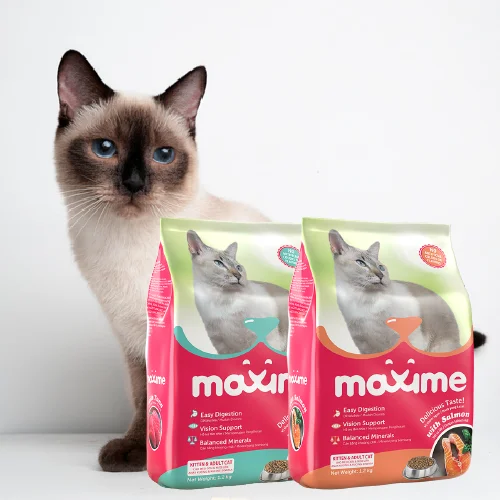 Maxime Tuna and Salmon adult cat food with a cat